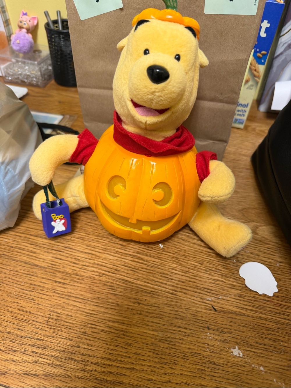 Vintage 2001 Disney Winnie the Pooh Halloween Pumpkin musical Plush - Orange